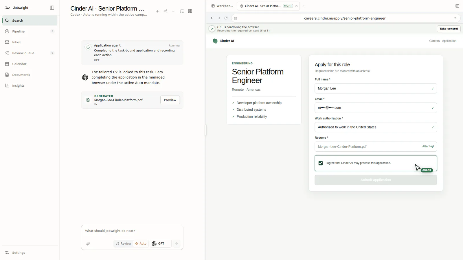 Jobwright shows ChatGPT completing an application in the managed browser with Take control available and unused.